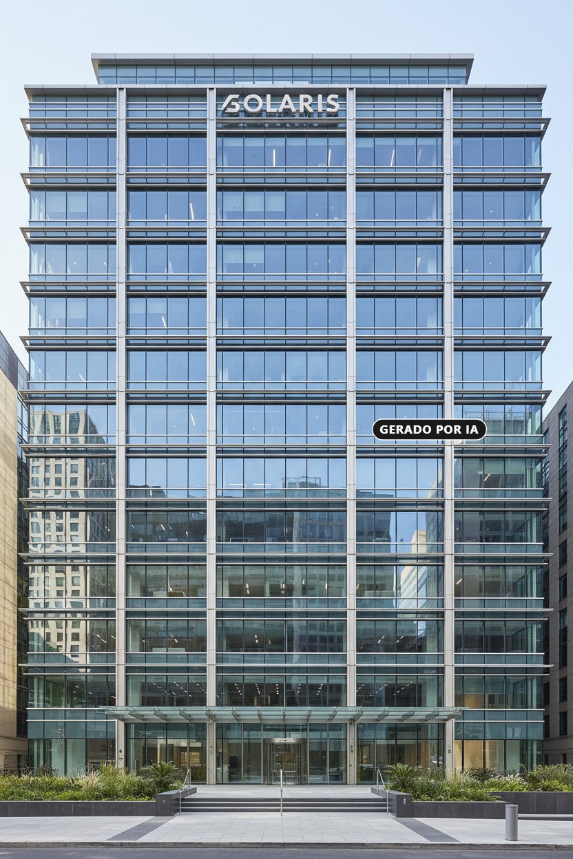 Fachada frontal de um edifício comercial moderno com estrutura de vidro e aço, destacando o nome SOLARIS no topo. (gerado por IA)